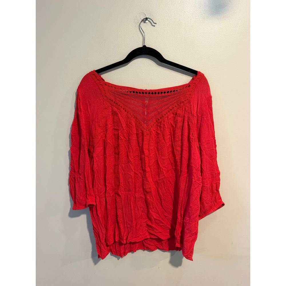 Torrid Red Gauze Lace Crochet Mesh V-Neck Blouse Top Plus Size 1 Boho